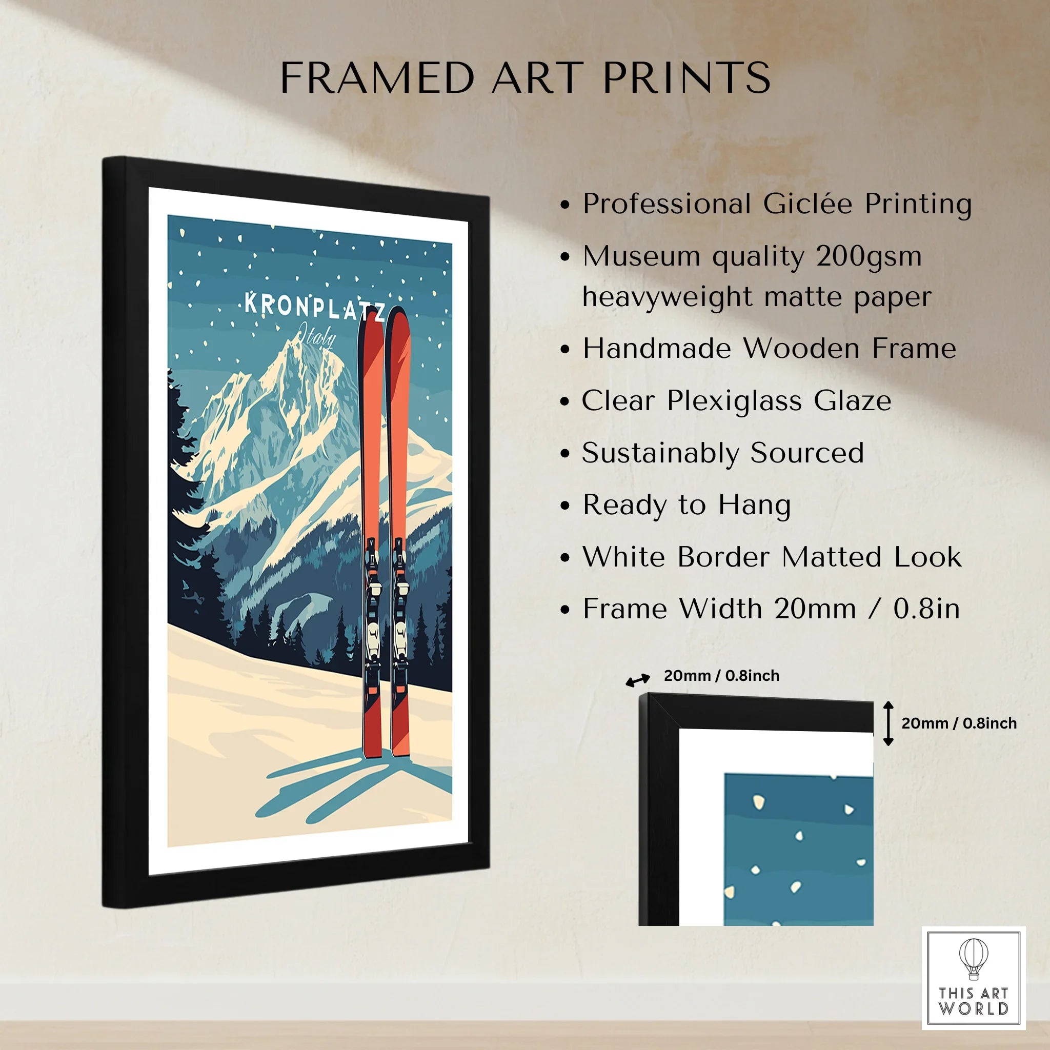 Framed art print of Kronplatz Italy ski poster with snowy mountain, features and frame details