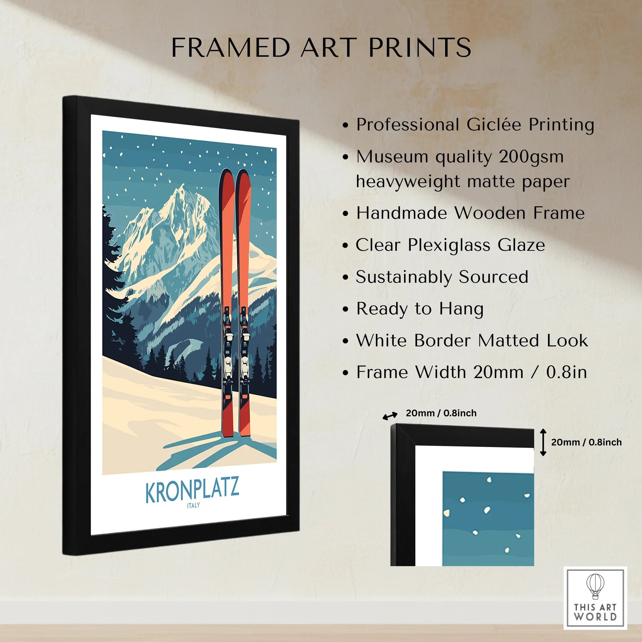 Framed Kronplatz Italy ski resort art print with snowy mountain scene and detailed specs.