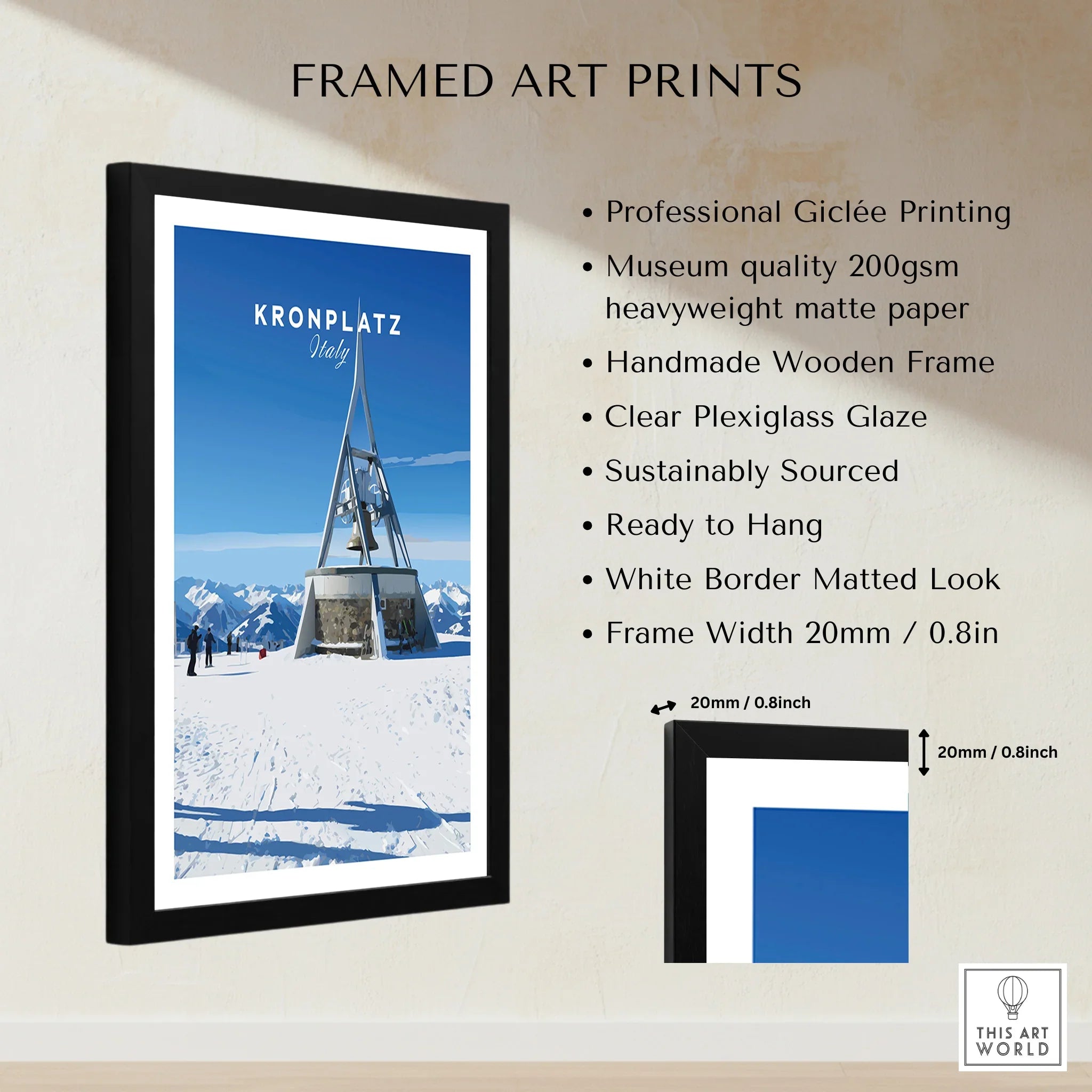 Framed Kronplatz Italy travel poster with snowy mountain scenery and art print details