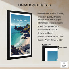 Kynance Cove Cornwall Wall Art Print | British Coastline Landscape Travel Poster framed art print showcasing turquoise waters and cliffs.