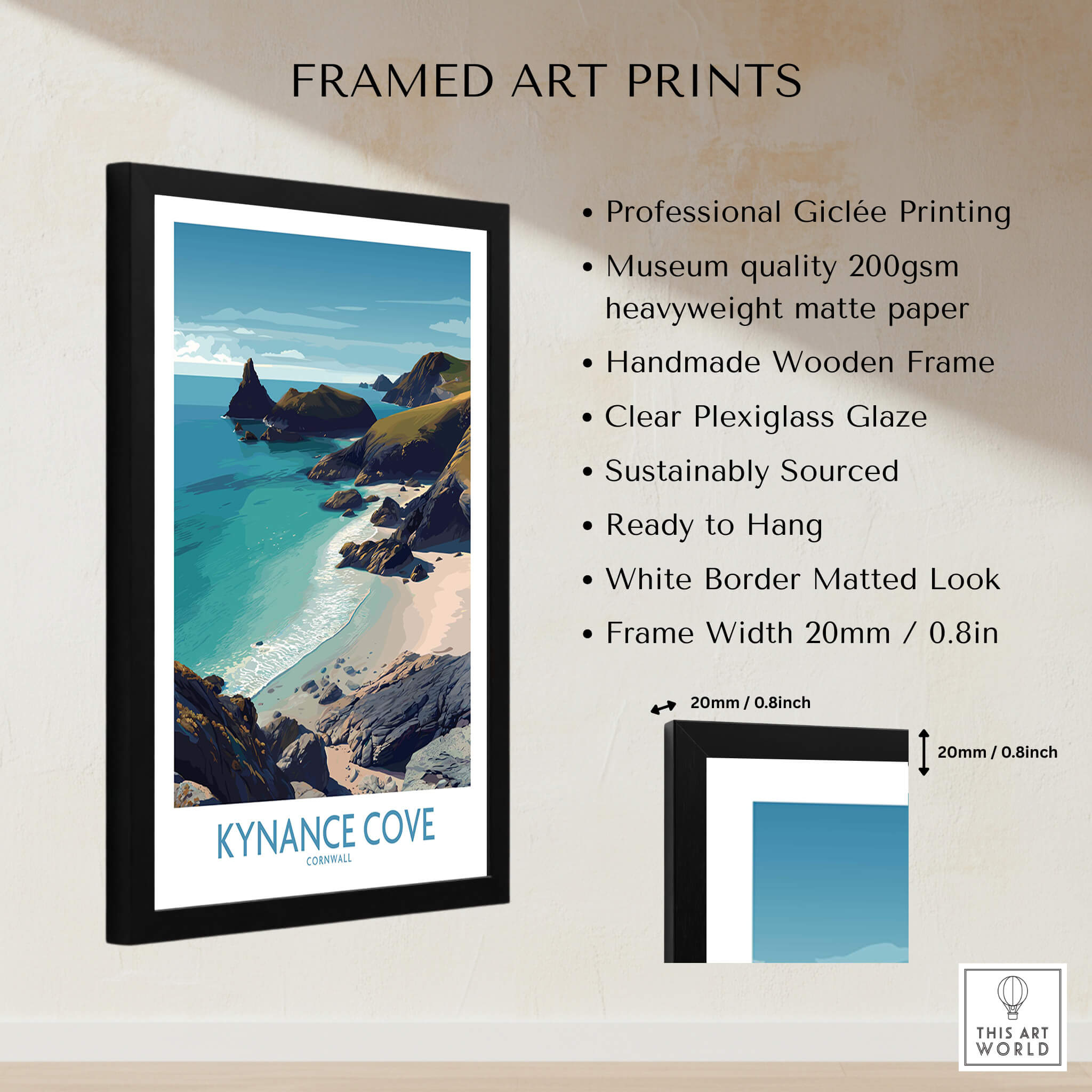 Kynance Cove Cornwall Poster | Scenic Sea Cliffs & Beach Canvas Print framed art print features stunning coastal scenery.