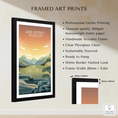 Lake District National Park framed travel poster with sunrise mountain landscape, black wooden frame, and quality print details.