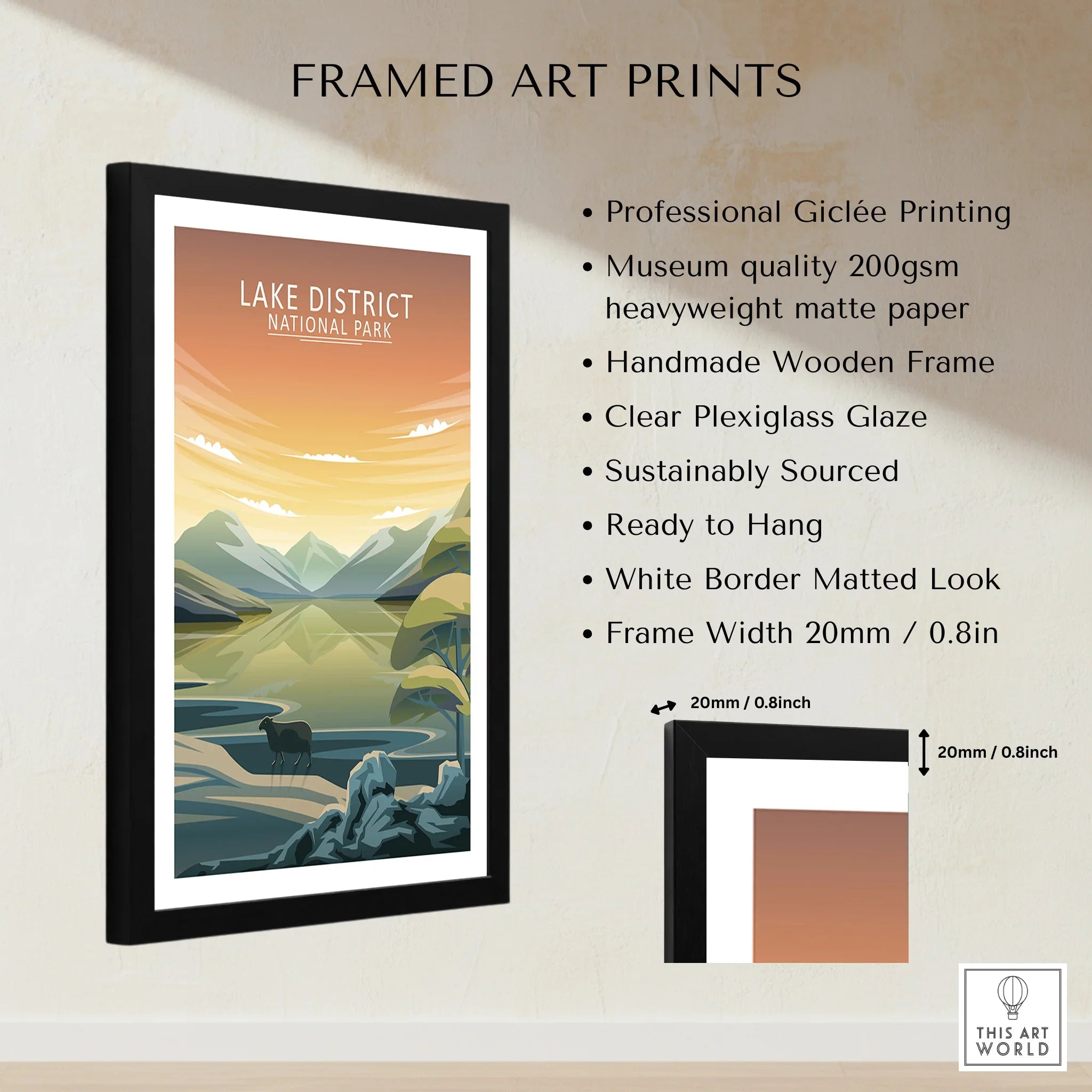 Lake District National Park framed travel poster with sunrise mountain landscape, black wooden frame, and quality print details.