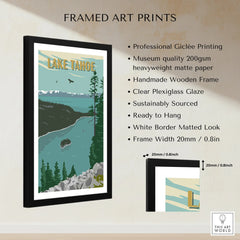 Framed Lake Tahoe art print with wooden frame, matte paper, and mountain lake landscape.