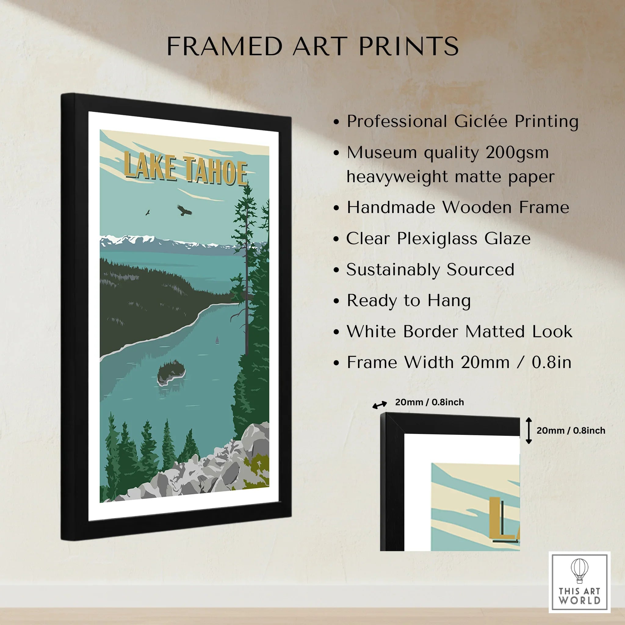 Framed Lake Tahoe art print with wooden frame, matte paper, and mountain lake landscape.