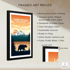 Framed Lassen Volcanic National Park print with bear silhouette, sunset, and mountain scene.