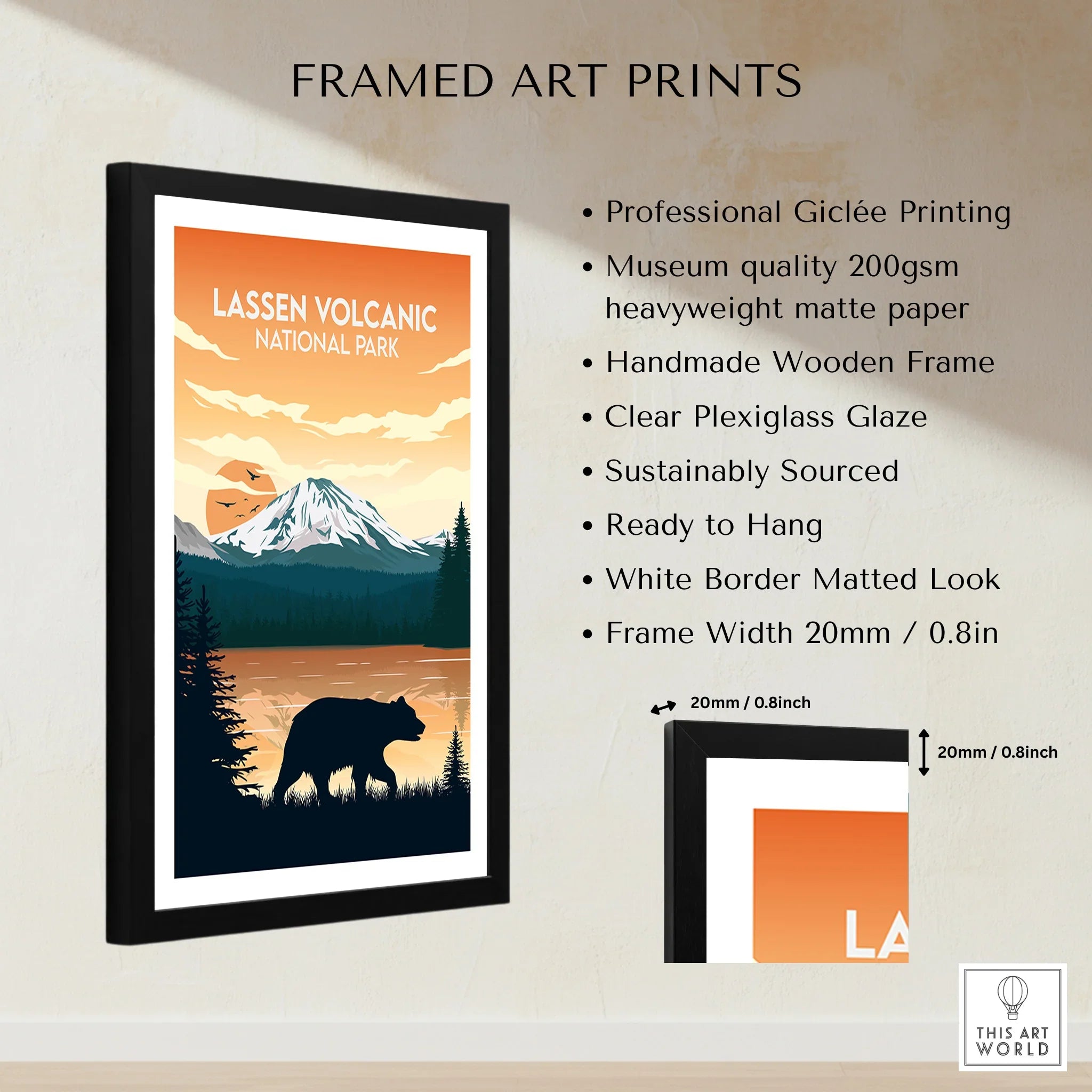 Framed Lassen Volcanic National Park print with bear silhouette, sunset, and mountain scene.