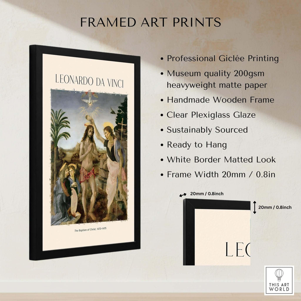 Leonardo da Vinci Art Print The Baptism of Christ 1470s framed art print showcasing professional giclée printing.