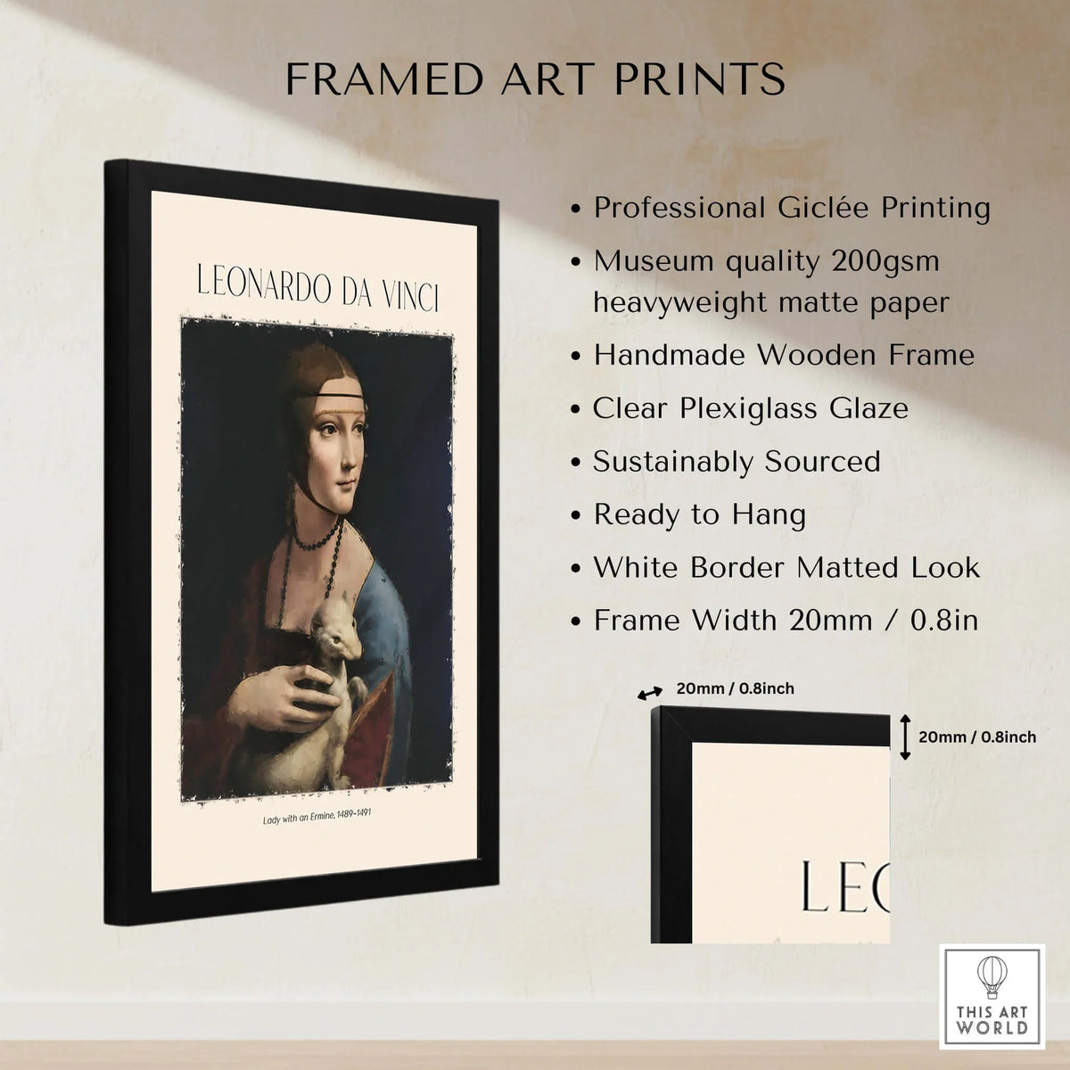 Leonardo da Vinci Art Print - Lady with an Ermine 1490 Cecilia Gallerani Portrait Art Print in a framed display.