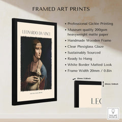 Leonardo da Vinci Art Print - Lady with an Ermine 1490 Cecilia Gallerani Portrait Art Print in a framed display.