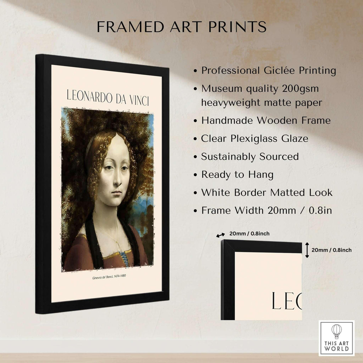 Leonardo da Vinci Art Print - Ginevra de Benci c1474 Early Renaissance Portrait Art Print framed with professional quality features.