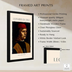 Leonardo da Vinci Art Print -  Portrait of a Musician 1480s Early Male Portrait Art Print framed with clear plexiglass.