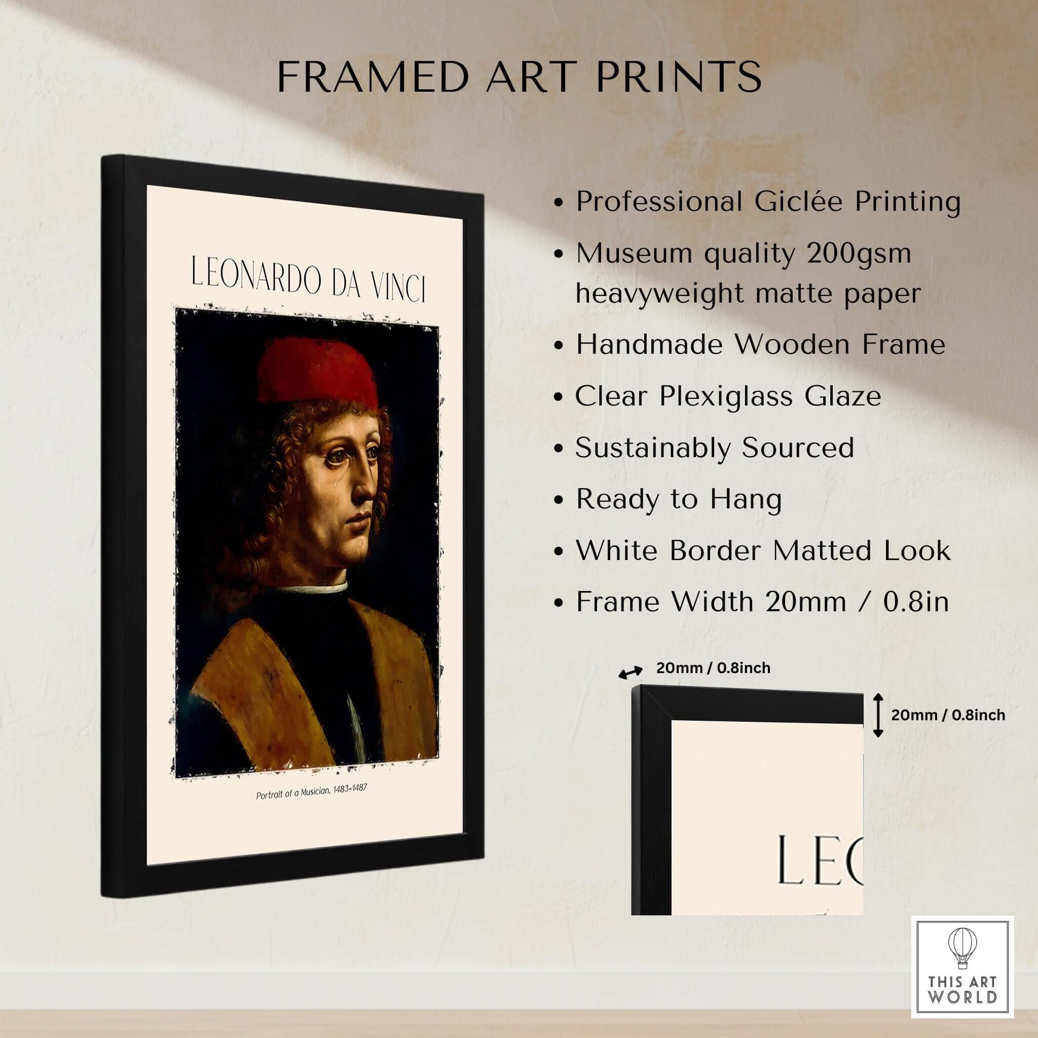 Leonardo da Vinci Art Print -  Portrait of a Musician 1480s Early Male Portrait Art Print framed with clear plexiglass.