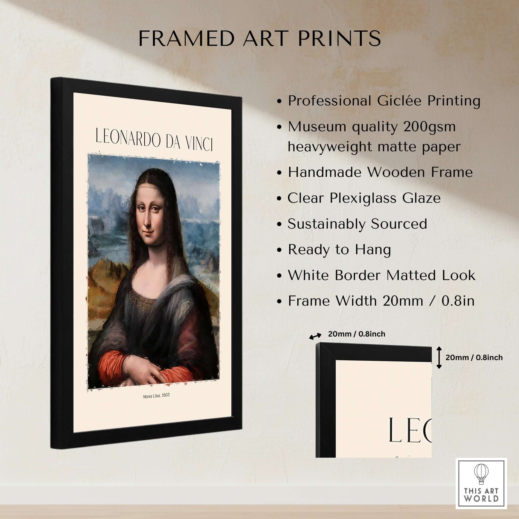 Leonardo da Vinci Art Print -  Mona Lisa 1503 Iconic Renaissance Portrait Art Print Louvre Poster framed and ready to hang.