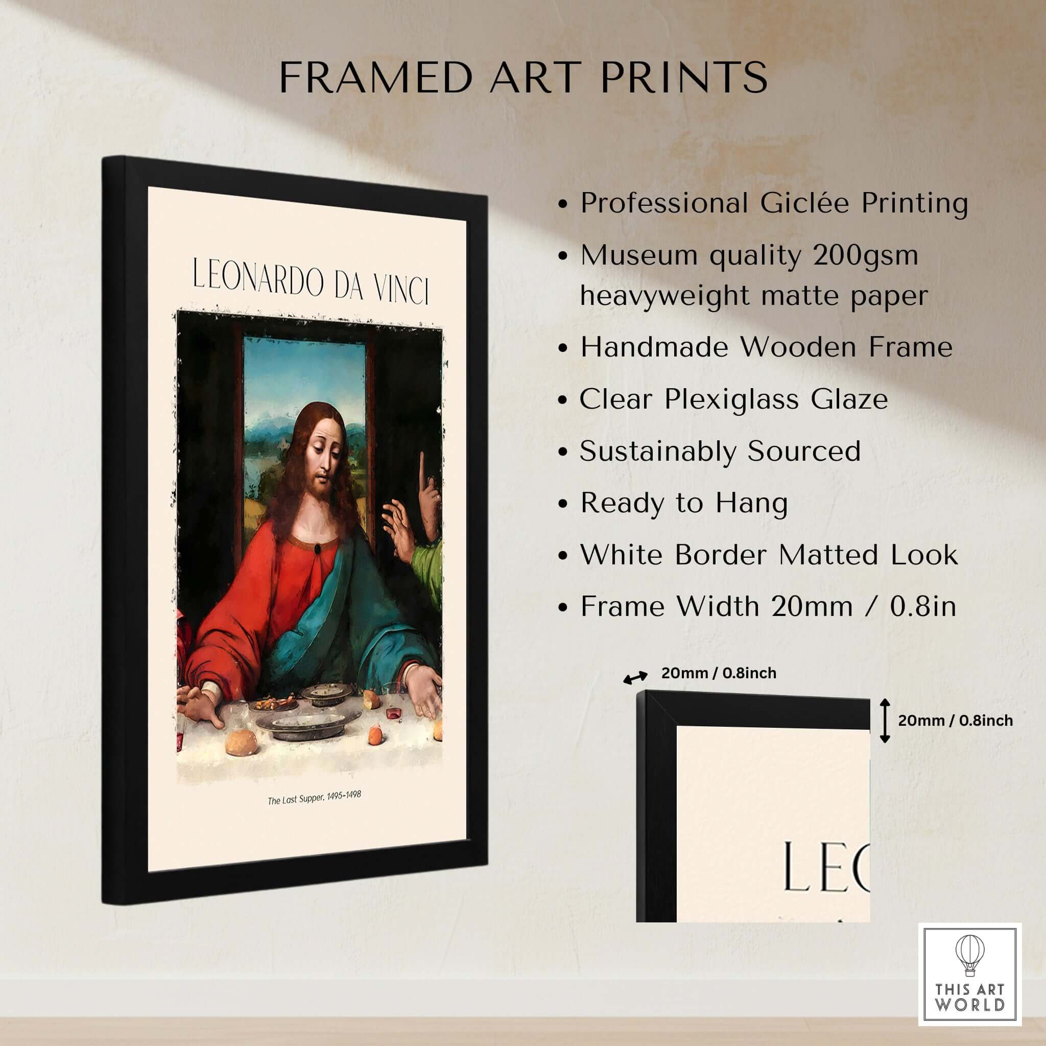 Leonardo da Vinci Art Print -  The Last Supper Detail Christ 1498 Renaissance Mural Art Print in framed presentation.