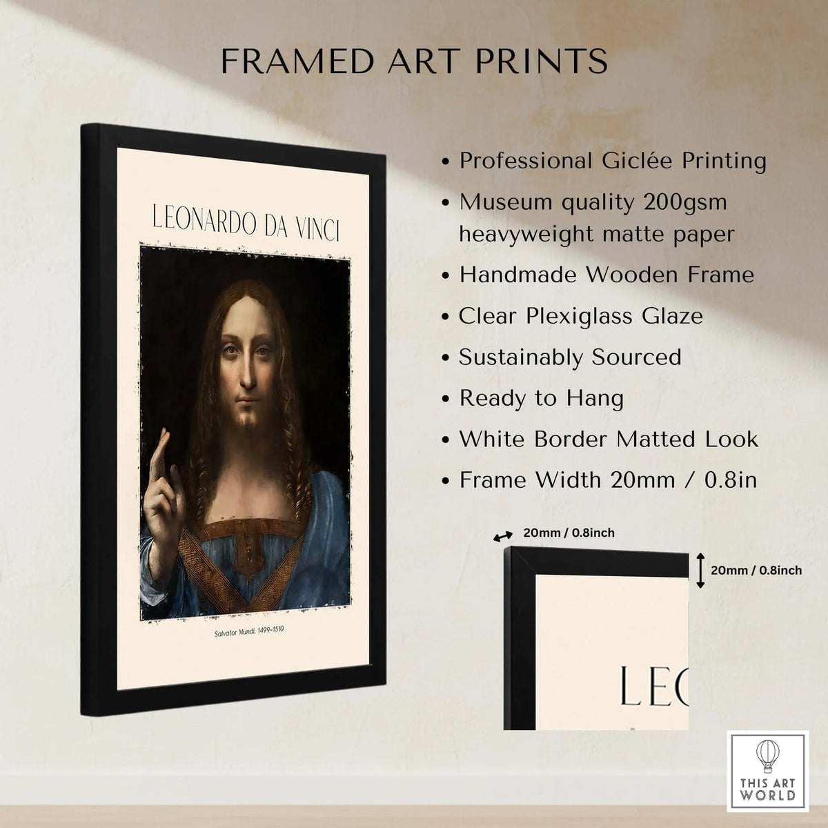 Leonardo da Vinci Salvator Mundi c1500 Portrait of Christ Art Print Poster in a framed setting with description details.
