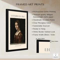 Framed Leonardo da Vinci La Belle Ferronnière 1490s Renaissance Portrait Art Print with clear plexiglass.