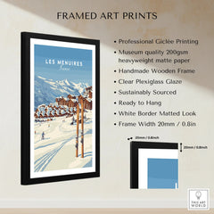 Les Menuires France ski resort framed art print with snowy mountain landscape, product details listed.