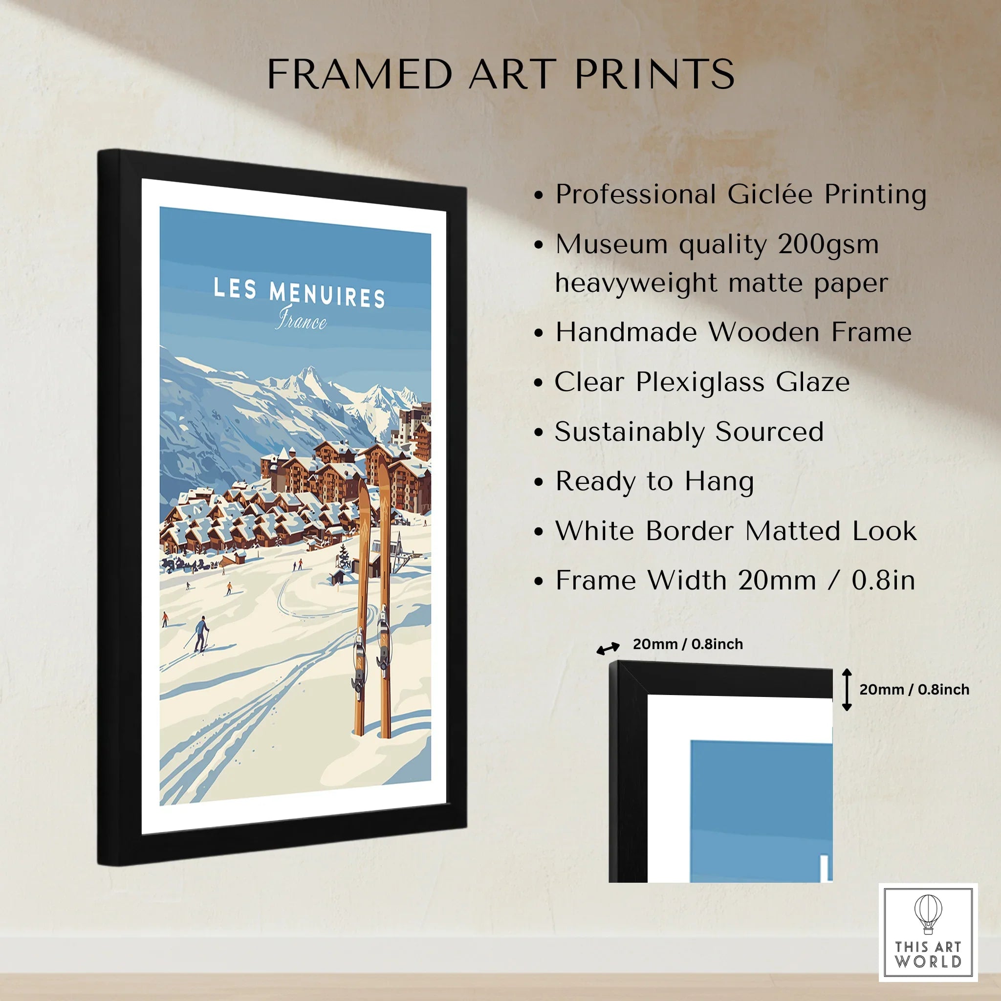 Les Menuires France ski resort framed art print with snowy mountain landscape, product details listed.