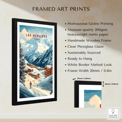 Framed Les Menuires France travel poster print with snowy mountains and ski village.