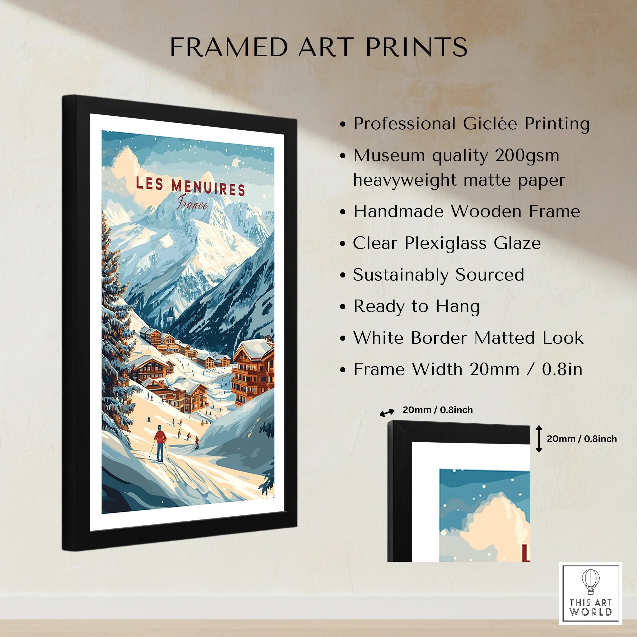 Framed Les Menuires France travel poster print with snowy mountains and ski village.