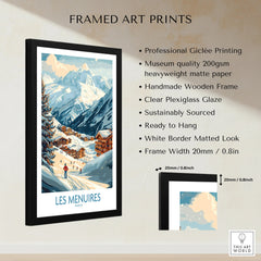 Framed Les Menuires travel poster with snowy mountain village, wooden frame, art print details