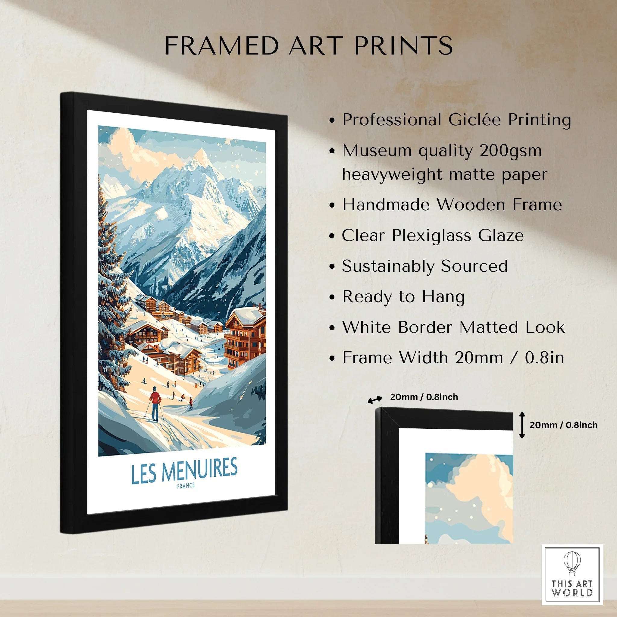 Framed Les Menuires travel poster with snowy mountain village, wooden frame, art print details