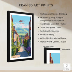 Framed Lewes England art print with street view, giclée printing, wooden frame, and matte paper.