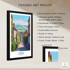 Framed Lewes England travel poster wall art with quality details, black wooden frame, matte paper, and white border.