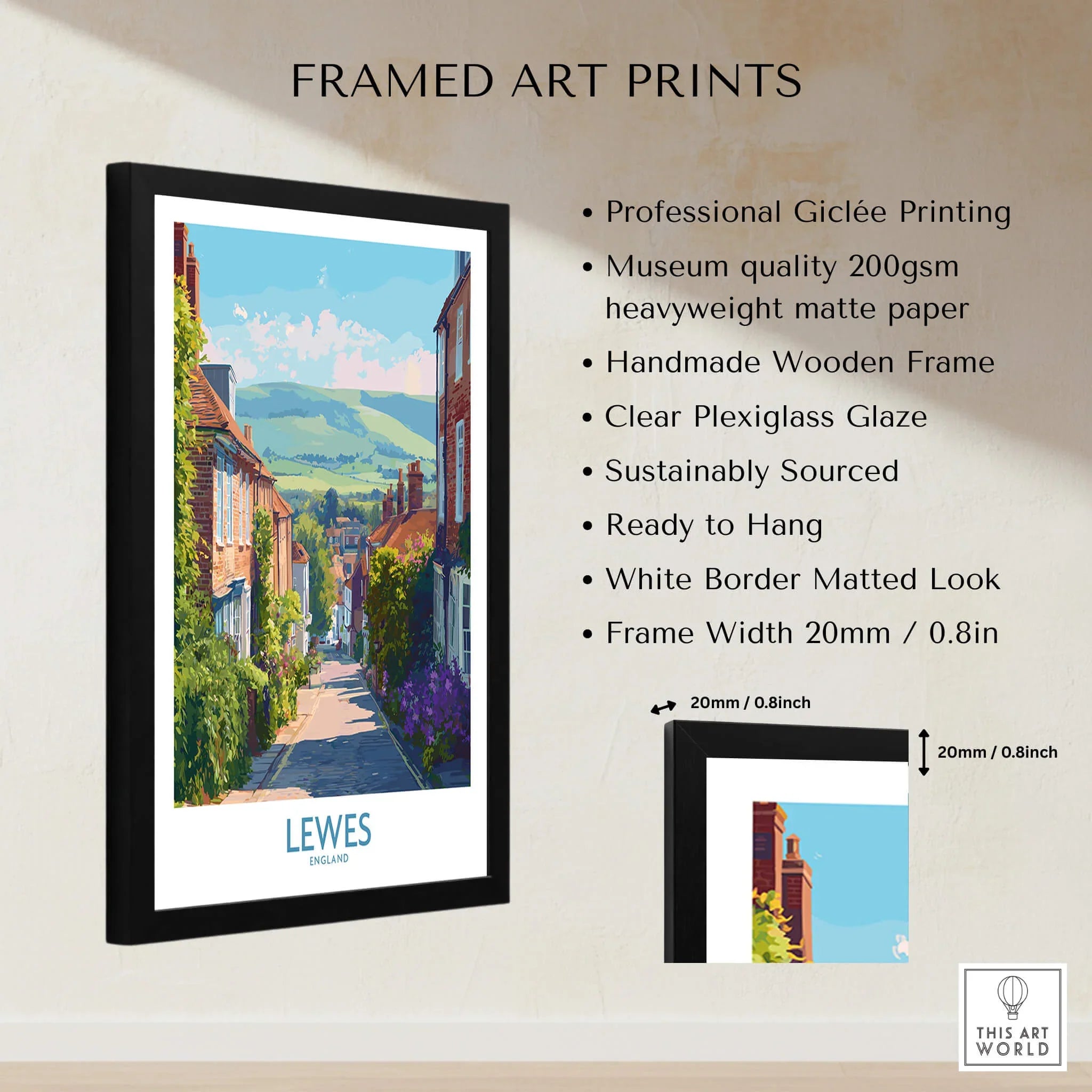 Framed Lewes England travel poster wall art with quality details, black wooden frame, matte paper, and white border.