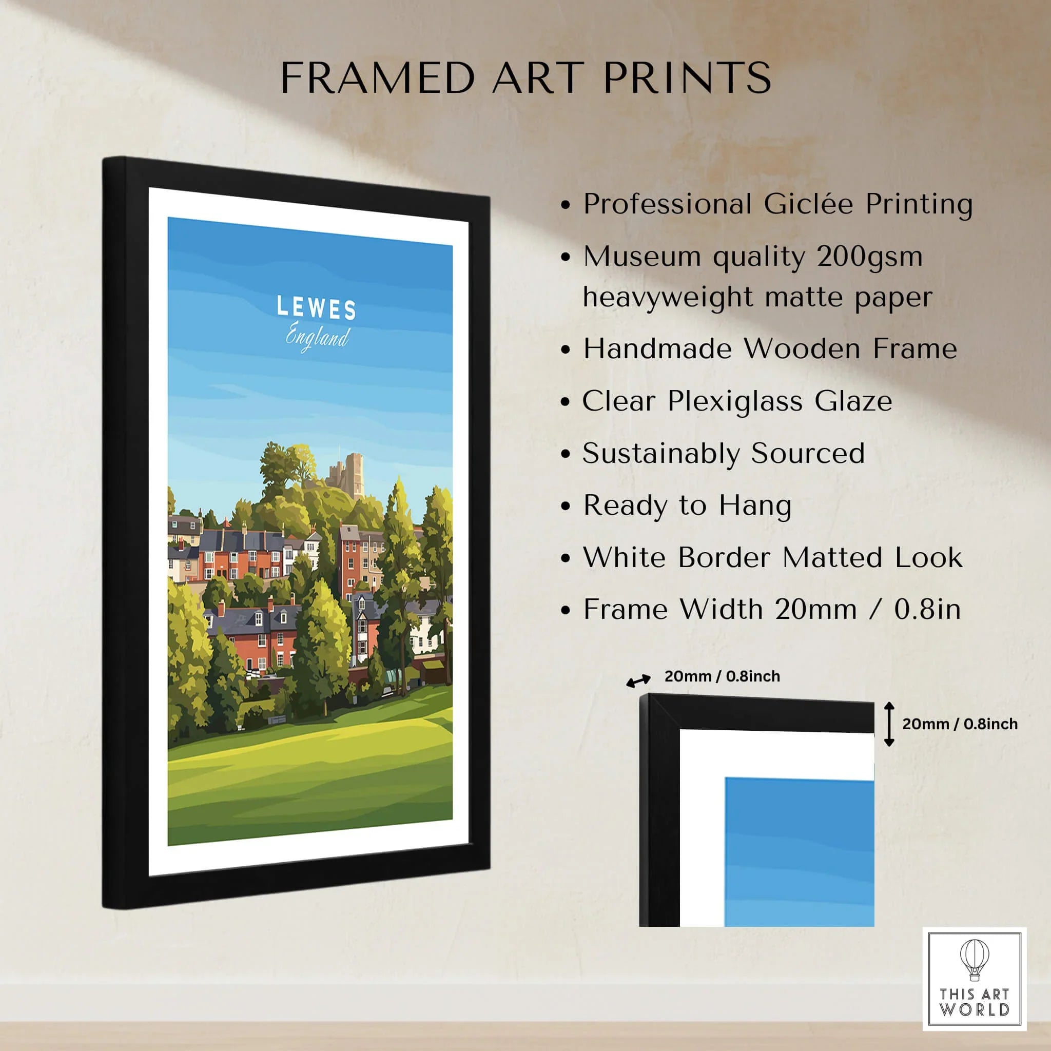 Framed Lewes England travel art print with black wooden frame, white mat, and product details.