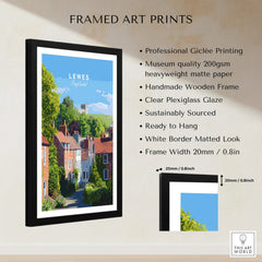 Framed Lewes England travel poster art print with wooden frame and product features list