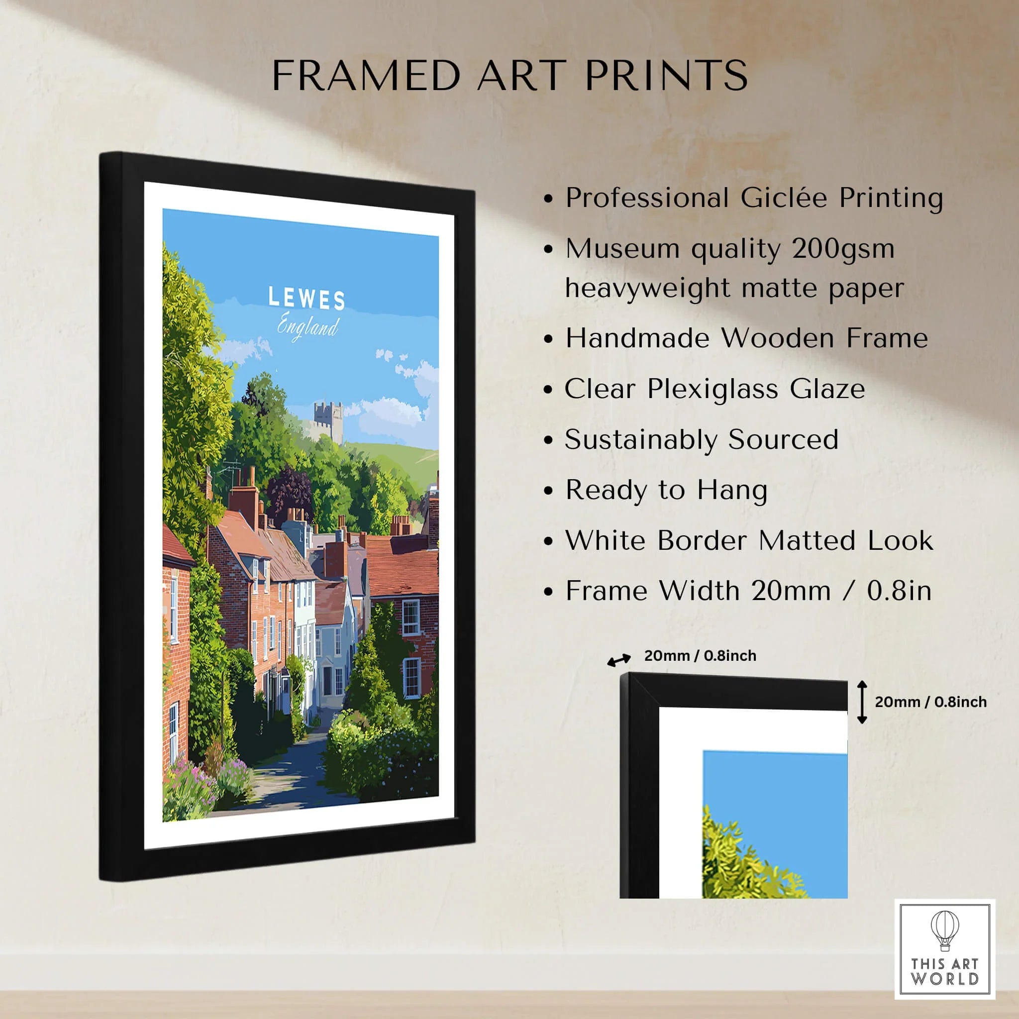 Framed Lewes England travel poster art print with wooden frame and product features list