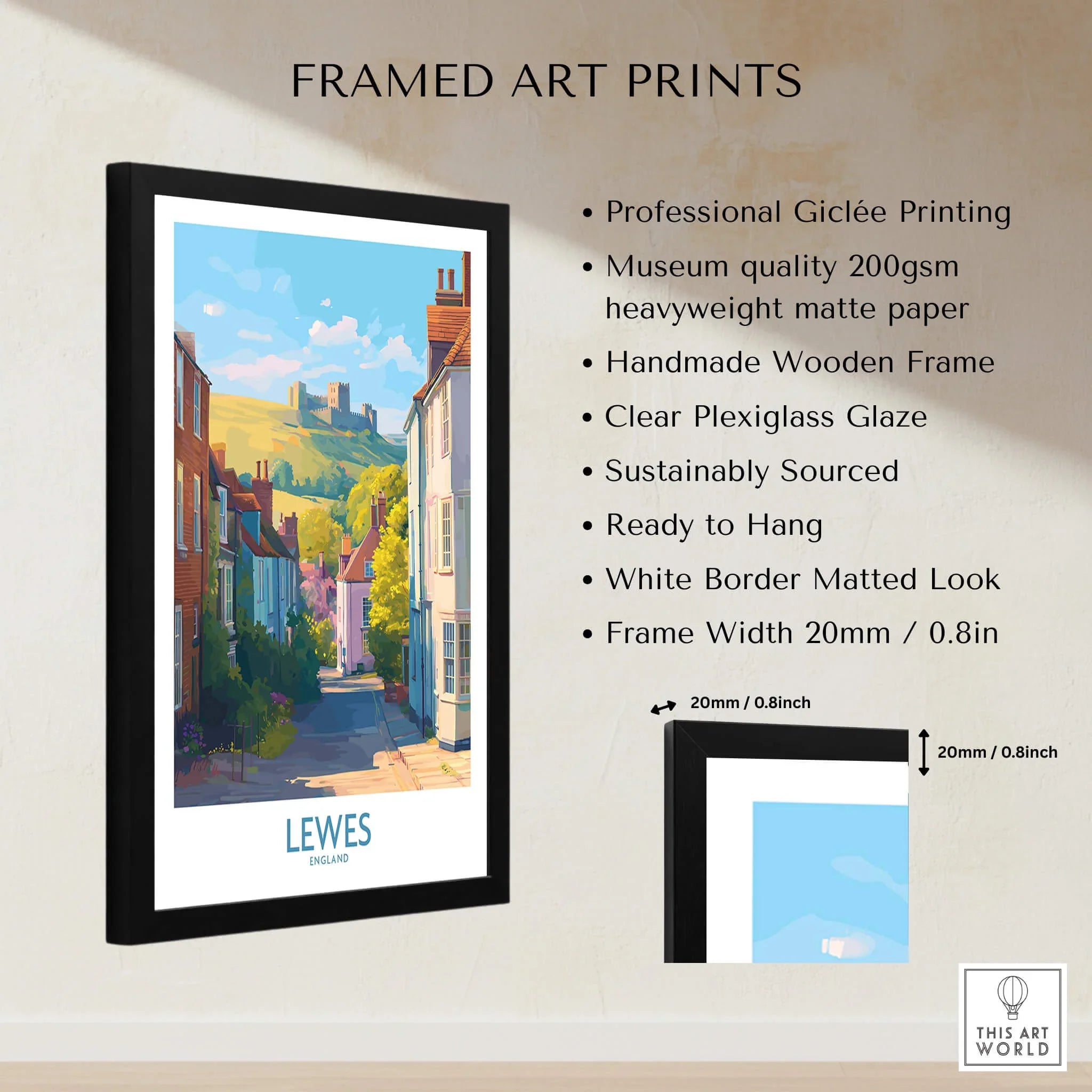 Lewes England framed travel poster with black wooden frame, white border, and gallery-quality print