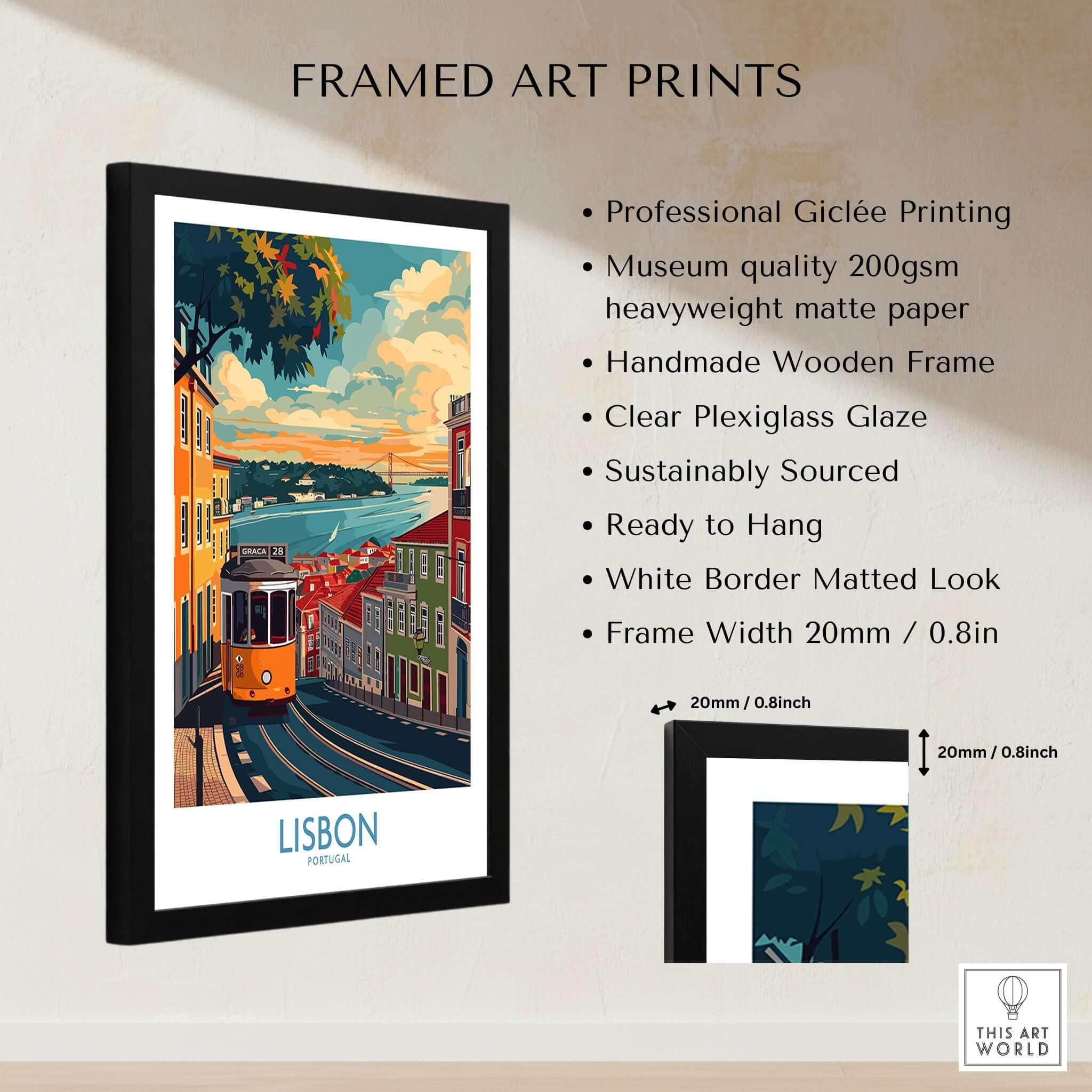 Lisbon Print - Portugal framed art print showcasing the iconic yellow tram and vibrant Lisbon scenery.