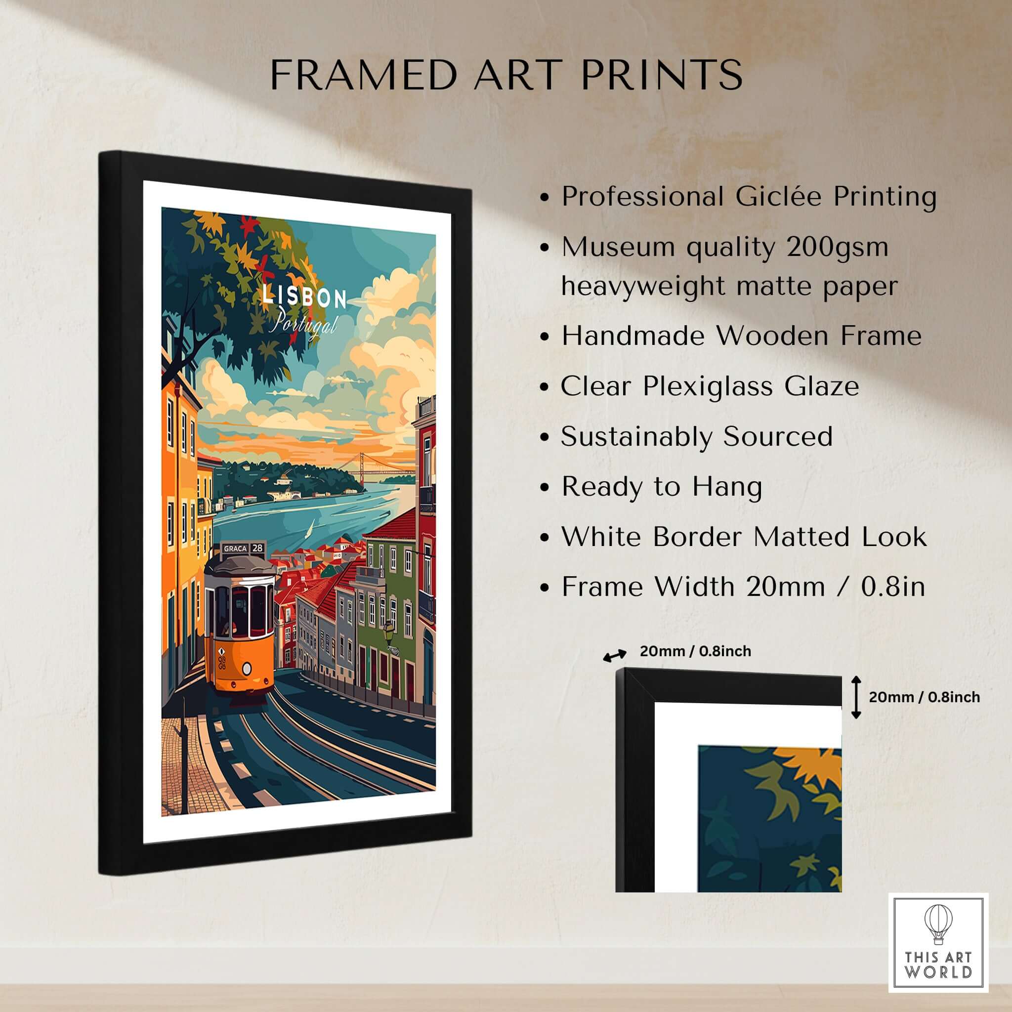 Lisbon Travel Print framed art print showcasing vibrant streets and iconic landmarks of Lisbon.