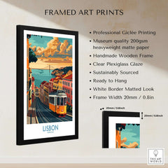 Lisbon Poster - Portugal framed art print featuring classic Tram 28 with a vibrant city background.