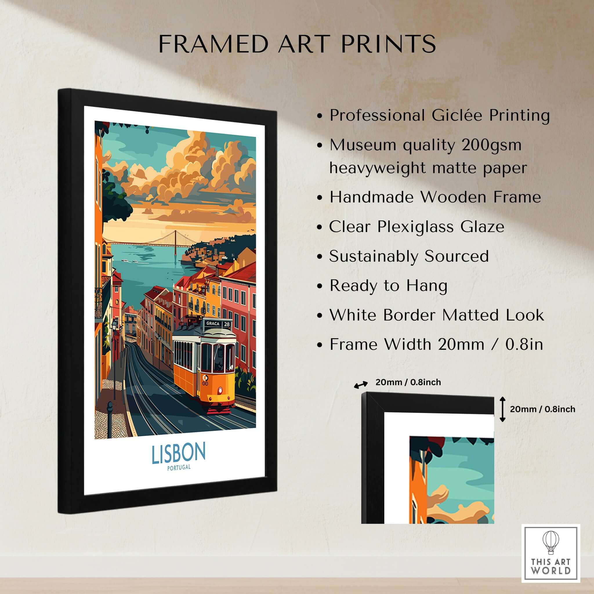 Lisbon Poster - Portugal framed art print featuring classic Tram 28 with a vibrant city background.