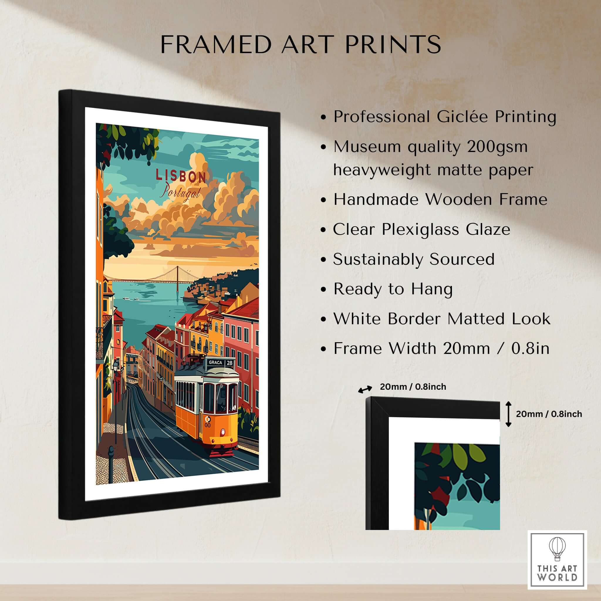 Lisbon Travel Poster featuring Tram 28 in a stylish framed art print with vibrant colors and scenic views of Lisbon.