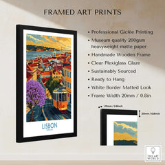 Lisbon Art Print featuring vibrant streets of Lisbon with Jacaranda trees and tram 28 in a framed design.