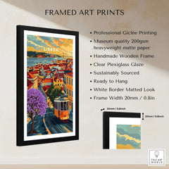 Lisbon Wall Art Poster framed print featuring vibrant colors, Jacaranda trees, and iconic Tram 28 in a beautiful Lisbon landscape.