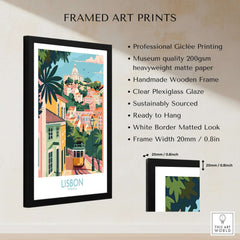 Lisbon Art Travel Print framed with details on professional quality and design features.