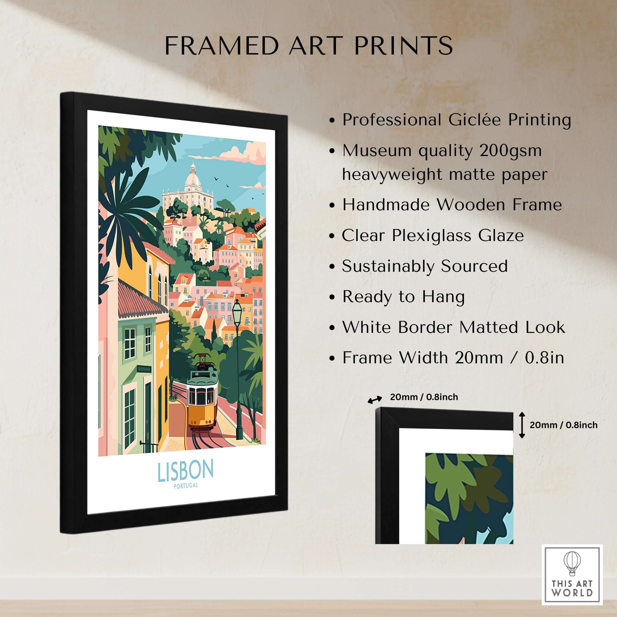 Lisbon Art Travel Print framed with details on professional quality and design features.