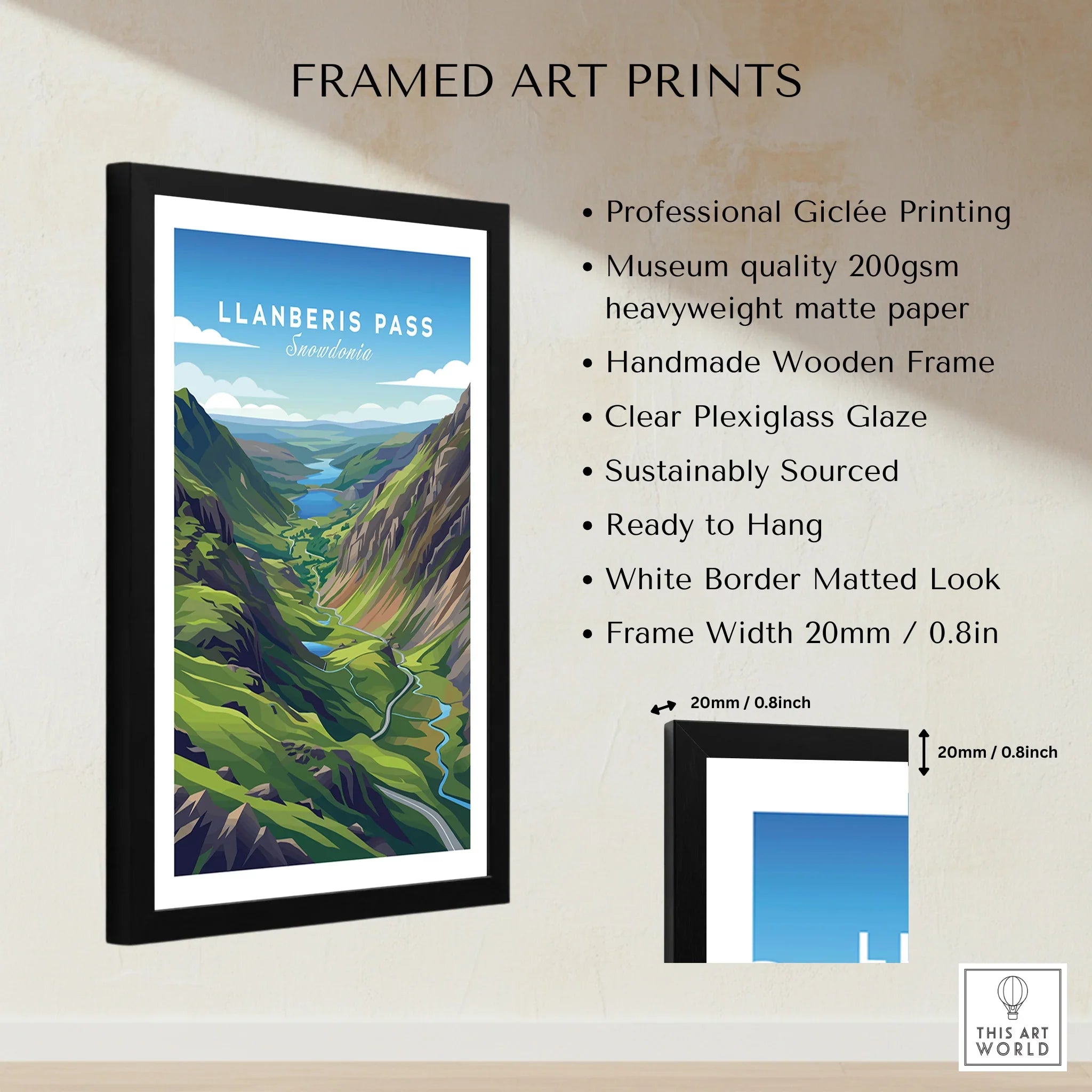 Framed Llanberis Pass Snowdonia travel poster with black wooden frame and quality print details