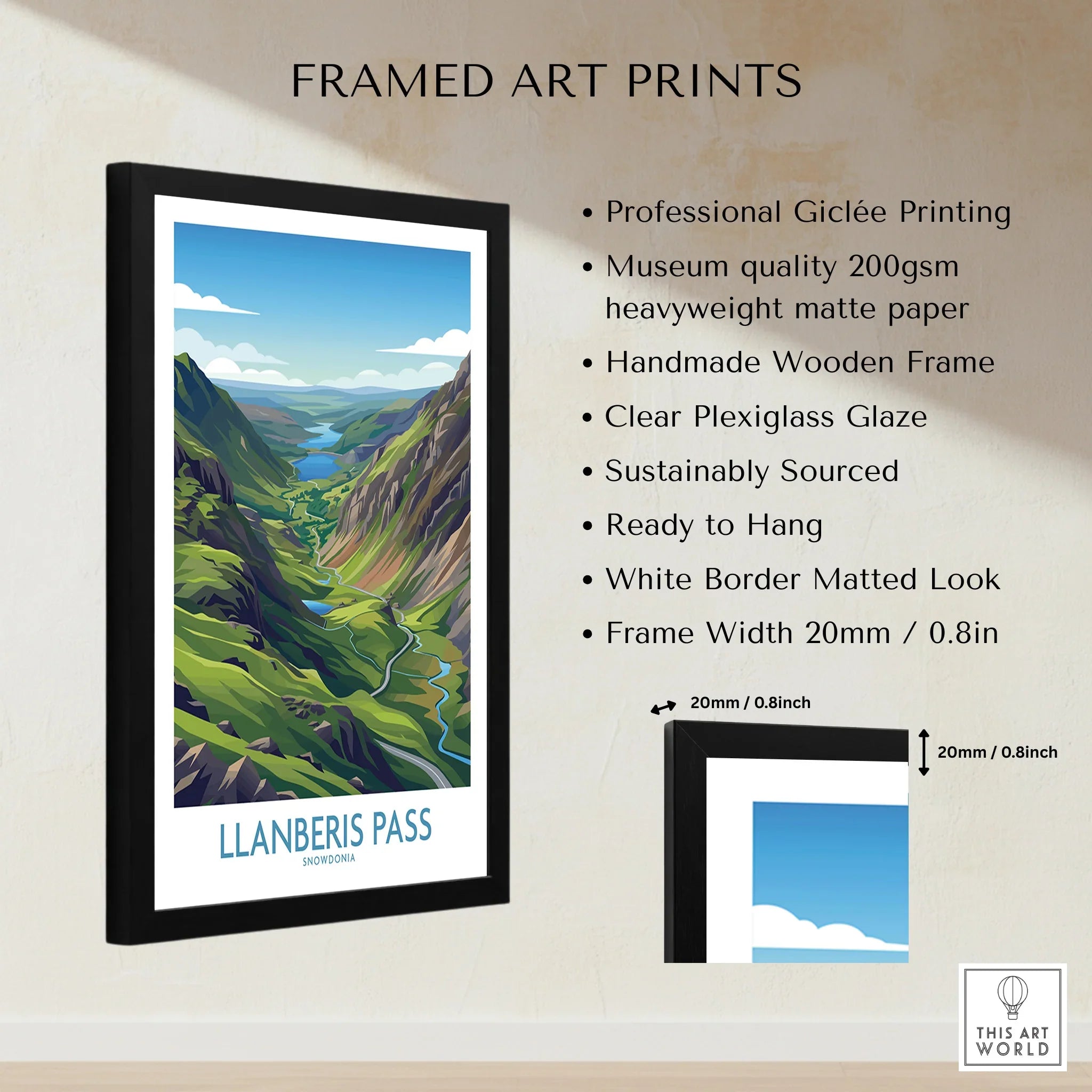 Framed Llanberis Pass Snowdonia art print with wooden frame, landscape wall decor