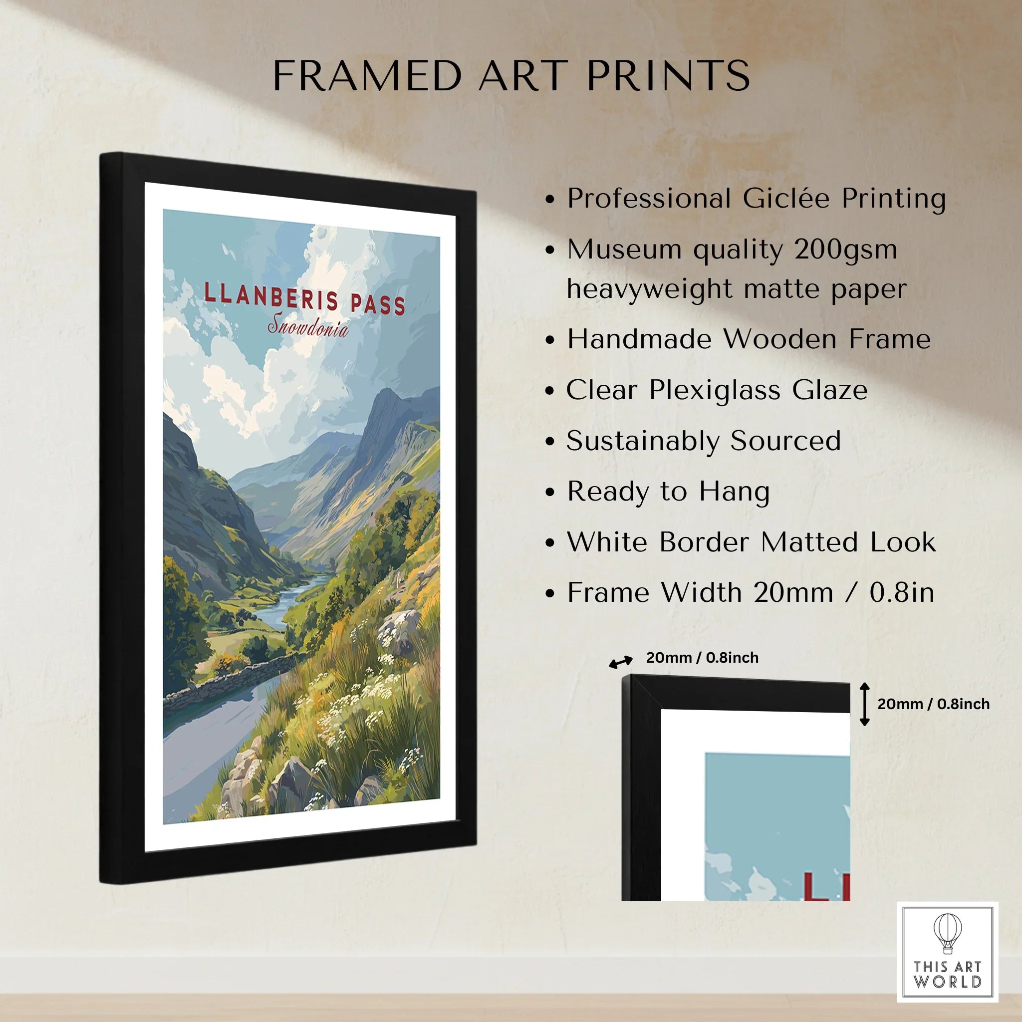 Framed art print of Llanberis Pass landscape with black handmade wooden frame and white mat