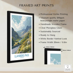 Framed Llanberis Pass Snowdonia art print with mountains, river, and quality details listed.
