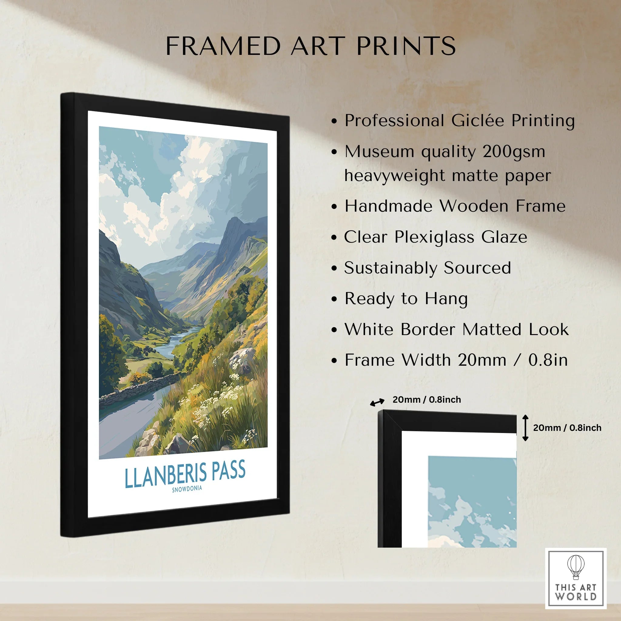 Framed Llanberis Pass Snowdonia art print with mountains, river, and quality details listed.