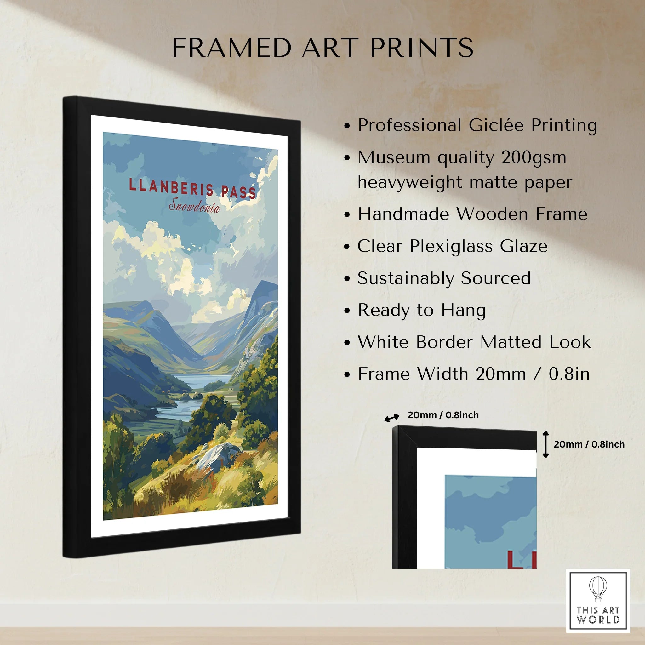 Framed Llanberis Pass travel poster print with mountains, black frame, art print features listed.