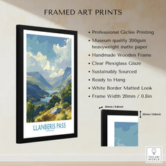 Framed art print of Llanberis Pass Snowdonia landscape with product details and dimensions.